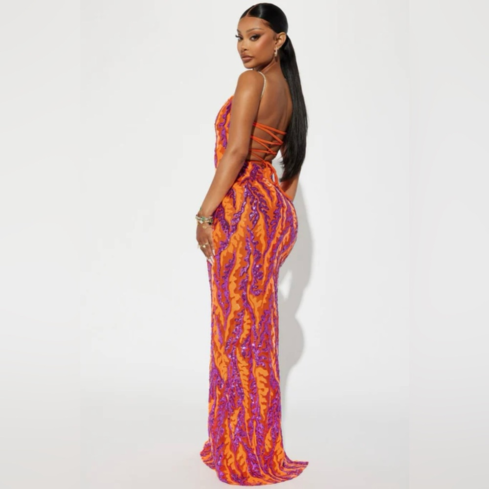New Year’s Eve sparkling Sequin birthday wedding Orange & Purple Backless Dress